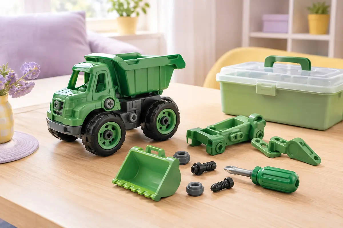 Kit de camion de chantier vert à assembler, avec pièces détachées, tournevis et boîte de rangement