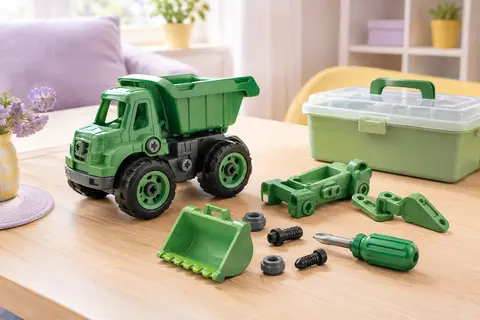 Kit de camion de chantier vert à assembler, avec pièces détachées, tournevis et boîte de rangement