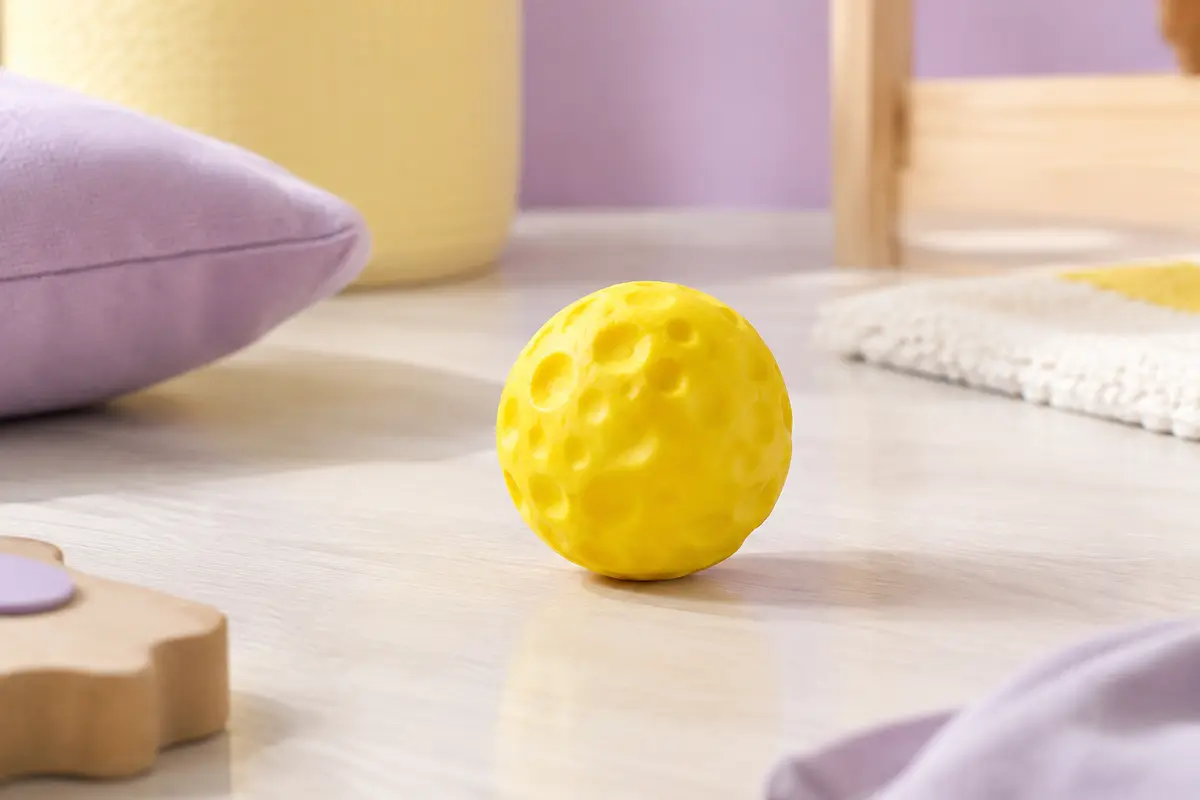 Balle rebondissante Waboba Moon jaune à creux façon cratères, posée sur une surface claire.