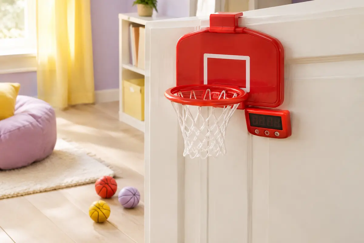 Mini panier de basket rouge à accrocher sur une porte, avec tableau de score électronique et mini ballons.