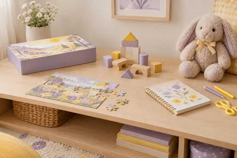 Sélection de jeux et jouets présentée sur une étagère en bois clair aux tons crème et lilas