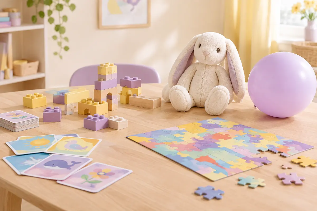 Jeux et jouets disposés sur une table en bois clair dans un décor crème, lilas et jaune doux